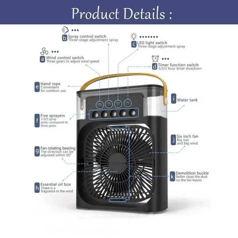 3-in-1 Portable Mini Air Cooler Fan with Humidifier & LED Night Light | USB Personal Air Conditioner | Adjustable Cooling for Home & Office
