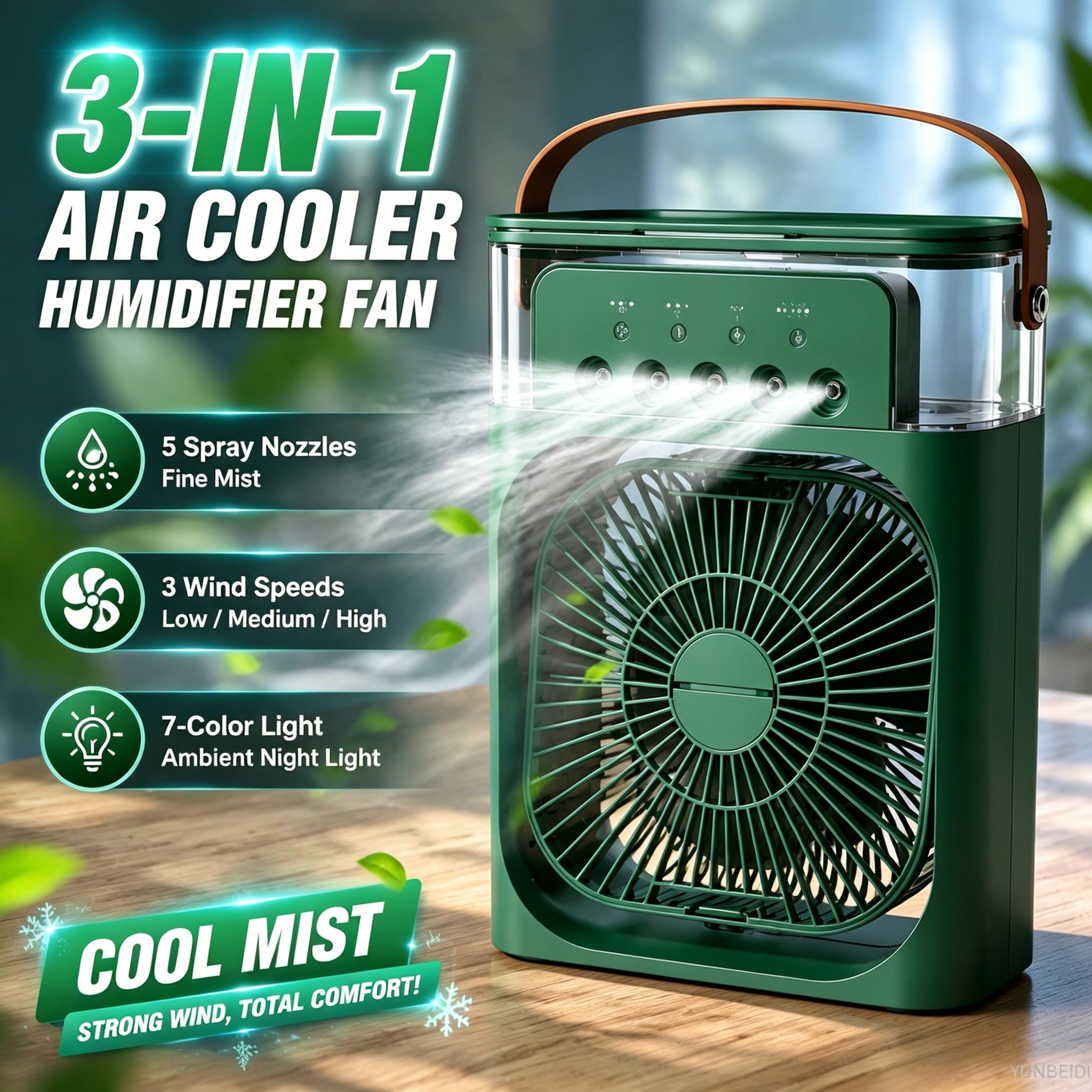 3-in-1 Portable Mini Air Cooler Fan with Humidifier & LED Night Light | USB Personal Air Conditioner | Adjustable Cooling for Home & Office