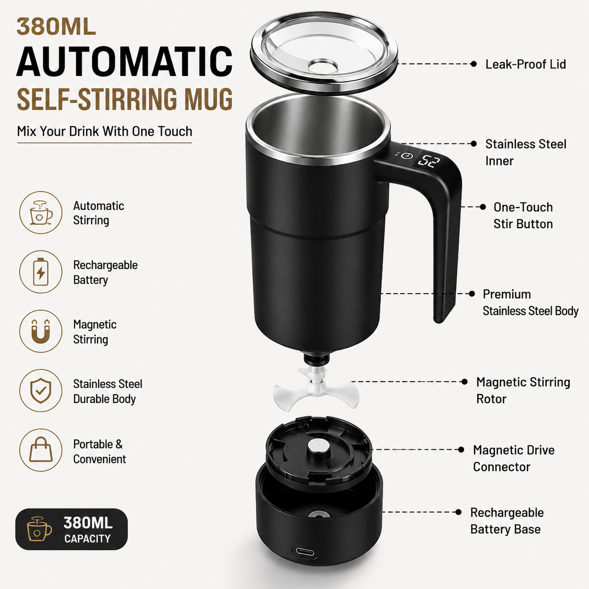 Automatic Self-Stirring Coffee Mug – 380ML Rechargeable Electric Mixing Cup ☕🖤