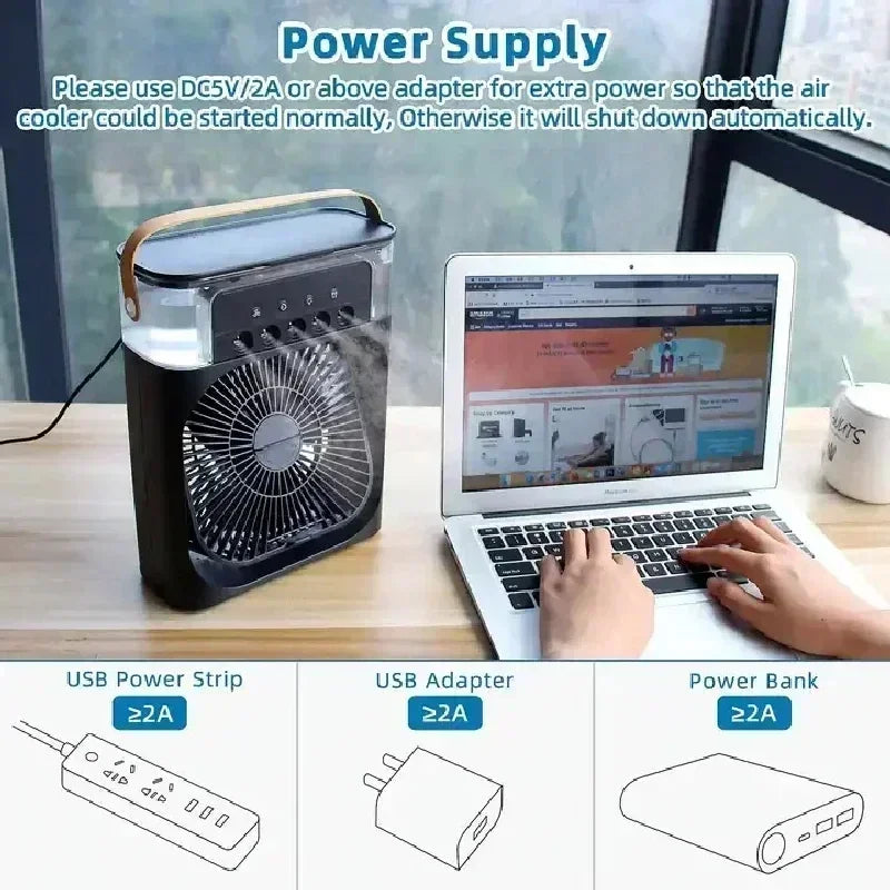 3-in-1 Portable Mini Air Cooler Fan with Humidifier & LED Night Light | USB Personal Air Conditioner | Adjustable Cooling for Home & Office