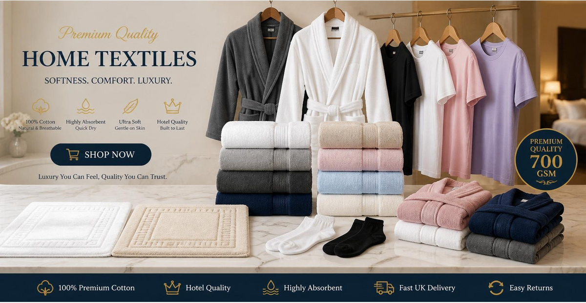 A promotional banner for 'Fabric Fusion' home textiles showing a collection of bathrobes, folded towels, and bath mats in various colors, with text overlays and a shopping cart icon at the top.